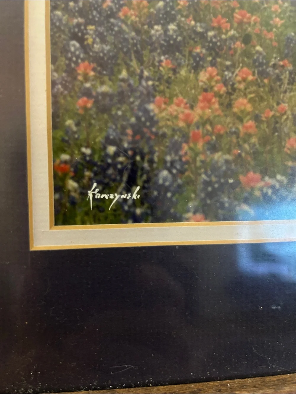 Crescent Wildflower Field Print with Blue Mat and Brown Frame